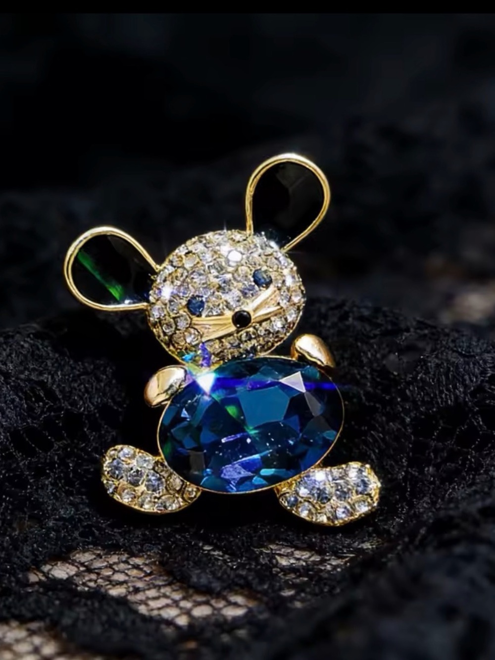 Gold-Tone Blue Crystal Teddy Bear Brooch